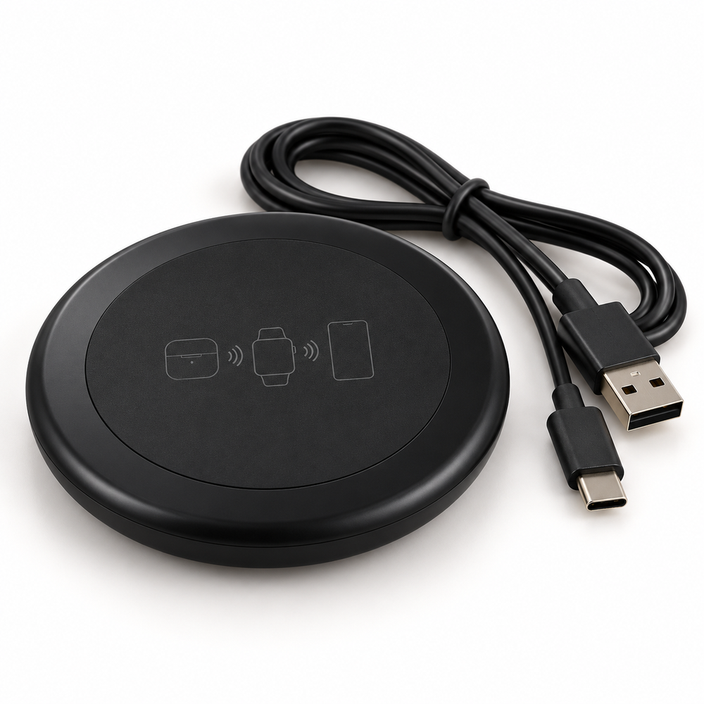 StrideSafe musta langaton latausalusta ja USB-kaapeli